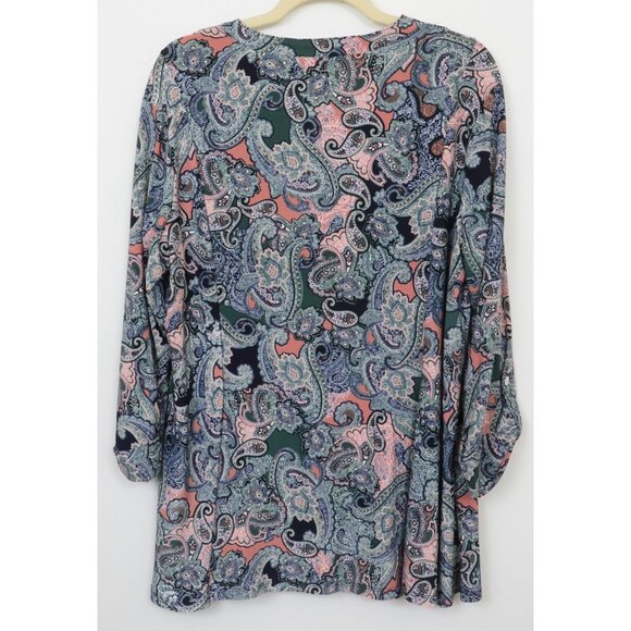 Roz & Ali Woman Plus Size 2X Paisley Zipper Front 3/4 Sleeve Blouse Tunic Top - Picture 3 of 4